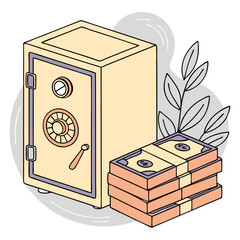 Illustration of a secure safe with a combination lock, surrounded by decorative leaves and stacked bundles of cash, representing financial security and wealth management concepts