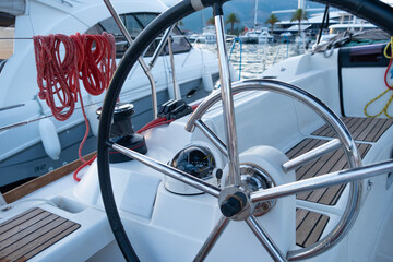 Yacht steering wheel, boat control, nautical equipment, sailing, water transport, marine, ship...