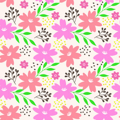 Seamless Bright Floral Pattern with Pink and Coral Flowers on Light Background