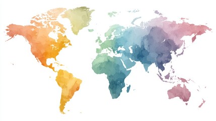 Colorful watercolor world map with geographic continents and countries