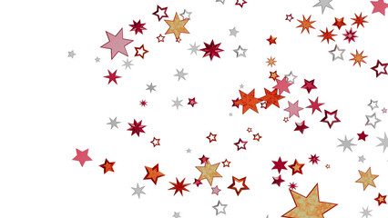 Festive background with scattered stars in red, orange, and silver on a white background. Perfect for holidays or celebrations.
