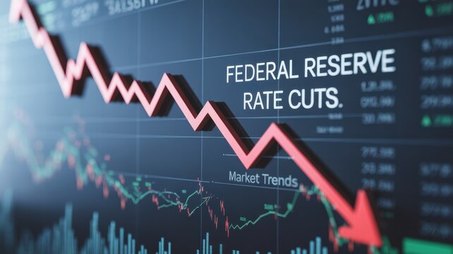 Close-up of financial chart with downward trending line symbolizing Federal Reserve rate cuts, economic recession concept, stock market volatility and investment risk analysis.