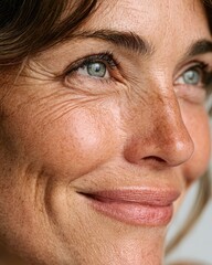 Obraz premium A close-up portrait of a woman smiling, showcasing detailed facial features and expressive eyes, highlighting emotions and age.