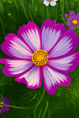 A close-up illustration of a vibrant pink and white cosmos flower (Cosmos bipinnatus) in full bloom, set against a lush green background. The delicate petals radiate from a bright yellow center, showc