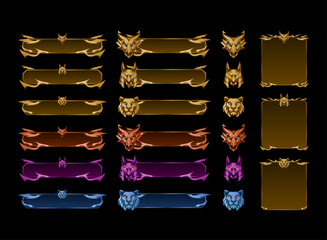 set of dragon, lion, anubis button and frame panel overlay for fantasy medieval game ui