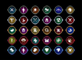 set of fantasy magic medieval button collection with colorful rounded frame. include animal, weapon, class, clan, element