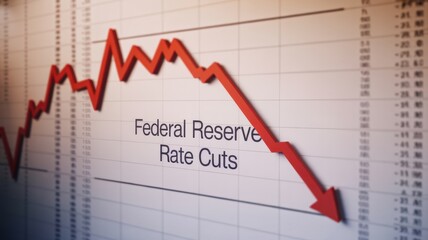Close-up of financial chart with downward trending line symbolizing Federal Reserve rate cuts, economic recession concept, stock market volatility and investment risk analysis.