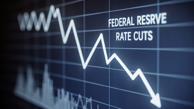 Close-up of financial chart with downward trending line symbolizing Federal Reserve rate cuts, economic recession concept, stock market volatility and investment risk analysis.