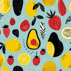 a playful pattern of various fruits and vegetables, like lemons, avocados, and strawberries, drawn in a simple, colorful, and modern flat design style