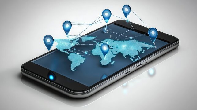 Global connectivity on a smartphone.  World map displayed on a mobile device with connecting pins, signifying global reach and communication