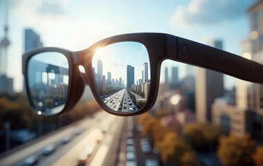 Prescription glasses and a city view day