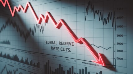 Close-up of financial chart with downward trending line symbolizing Federal Reserve rate cuts, economic recession concept, stock market volatility and investment risk analysis.