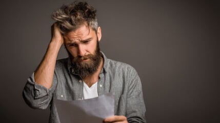 Avoid inheritance disasters. A man looks stressed while reading a document, showing deep concentration and concern.