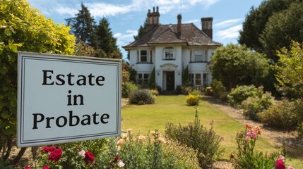 Avoid inheritance disasters. Historic house with an "Estate in Probate" sign in a garden setting.