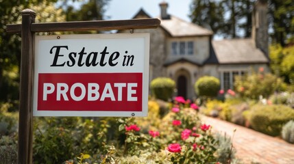 Avoid inheritance disasters. Estate in probate sign in front of a charming home with garden.