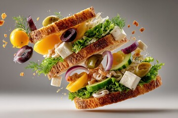 A vibrant sandwich composed of colorful vegetables, cheese, and bread, artistically arranged in mid-air, showcasing freshness and creativity.