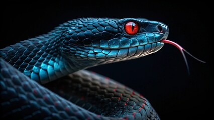 Obraz premium Close-up of a dark blue snake with red eyes, its tongue flicking, set against a black background, creating a dramatic