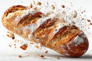 A loaf of bread exploding with crumbs against a light background, showcasing texture and dynamic motion.