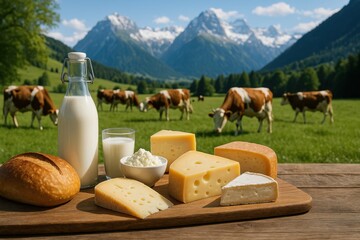Fresh milk, cheese, and bread arranged in front of grazing cows in an alpine meadow. A wholesome farm-to-table scene showcasing natural dairy products
