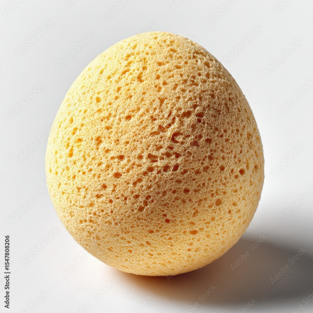 Poster a textured, yellow sponge shaped like an egg, sitting on a smooth surface with subtle shadows creati
