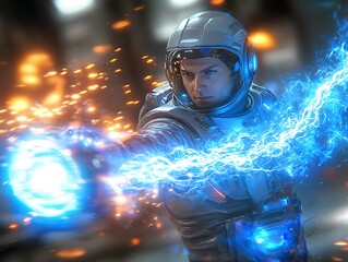A futuristic astronaut uses energy to create a powerful effect