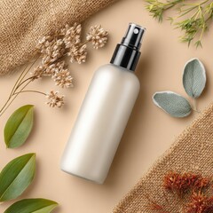 A minimalist spray bottle surrounded by natural elements and textured fabric, ideal for skincare or cosmetic product imagery.