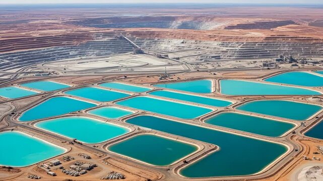 Large-scale lithium mine featuring geometric water pools in an arid landscape