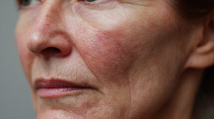 Obraz premium Close up of cheek with facial eczema showing red dry patch and textured skin on mature person, highlighting skin condition and natural aging signs