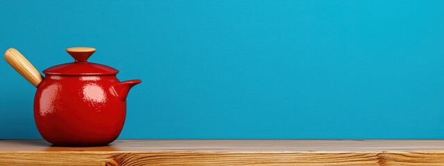 Red enameled teapot with wooden handle sits on a rustic wooden surface against a vibrant teal blue background. The scene is simple, clean, and evokes a feeling of warmth and homeliness.