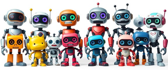 Collection of diverse cartoon robots with humanoid and cyborg faces, standing against a white background,  playful,  cartoon