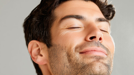 Obraz premium Man with closed eyes and soft smile, head tilted back, showing relaxed expression and light facial hair on fair skin with dark hair against plain background