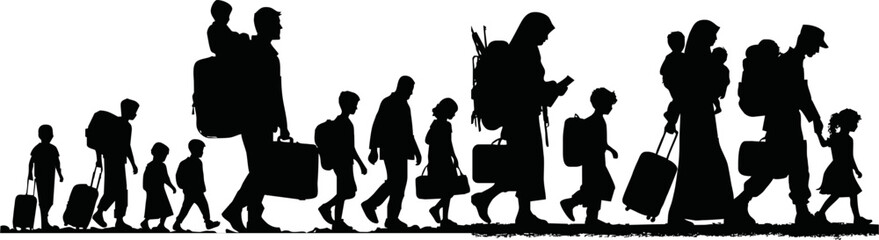 Silhouette of war refugees walking with luggage and children vector style on white background