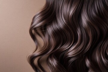 Naklejka premium Close-up of wavy, shiny brown hair against a neutral background. The hair has a smooth texture and rich color, showcasing healthy, well-maintained locks.
