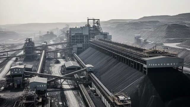 Large-scale graphite mining facility with black residue situated in a rugged terrain