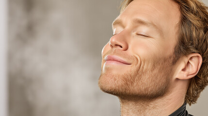 Man with closed eyes and soft smile tilting head back, showing contentment and relaxation with light beard and short hair in close up portrait