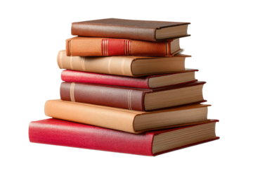Stack of old hardcover books in various colors on transparent background