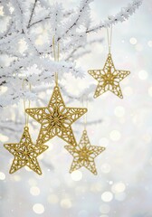 Magical and elegant Christmas background with golden filigree star ornaments hanging on a frosted white branch against a sparkling winter bokeh, creating a festive and dreamy holiday mood.