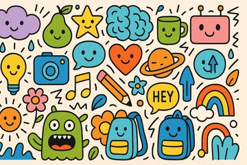 A vibrant and cheerful 16:9 cartoon-style doodle illustration featuring a variety of playful characters and objects. This hand-drawn design includes smiling clouds, stars, fruits, light bulbs, robots,