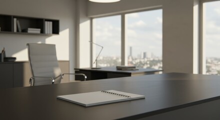 Modern office interior with desk, chair, cityscape view, and open notepad.