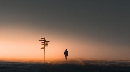 Naklejka premium Silhouette of lone figure walking toward signpost at sunrise