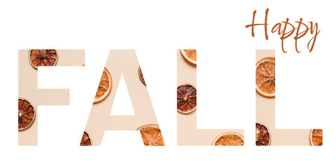 Fall concept banner with creative text cutout effect and organic dried orange elements