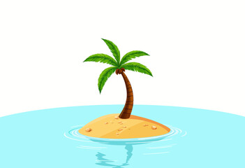 Cartoon island with palm tree surrounded by calm blue water  