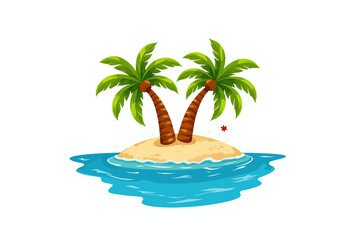 Tropical island with two palm trees surrounded by blue water  