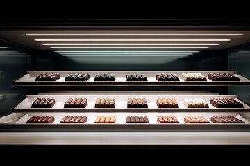 Obraz premium A delectable display of assorted chocolates arranged neatly on shelves, showcasing a variety of flavors and textures in a modern setting.