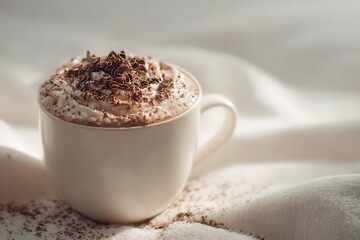 A creamy hot chocolate topped with whipped cream and chocolate shavings, presented in a white mug on a soft background.