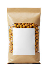Brown paper pouch filled with chickpeas isolated on transparent background