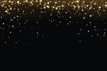 Add as overlay to any background or photo by using Screen mode. Golden glitter lights and glowing particles falling from the top. Festive sparkle overlay for Christmas, New Year. Vector.