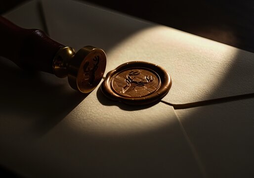 Elegant and dramatic close-up of a wax seal on a letter with its brass stamp, evoking history, tradition, and the importance of secret correspondence or a formal invitation.