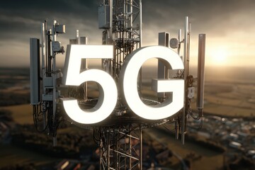 A cell tower standing in a rural landscape with a prominent 5G sign attached to it, symbolizing fast internet connectivity in remote areas.