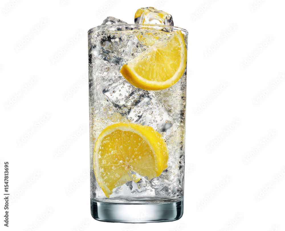 Poster refreshing gin and tonic with lemon and ice on transparent background